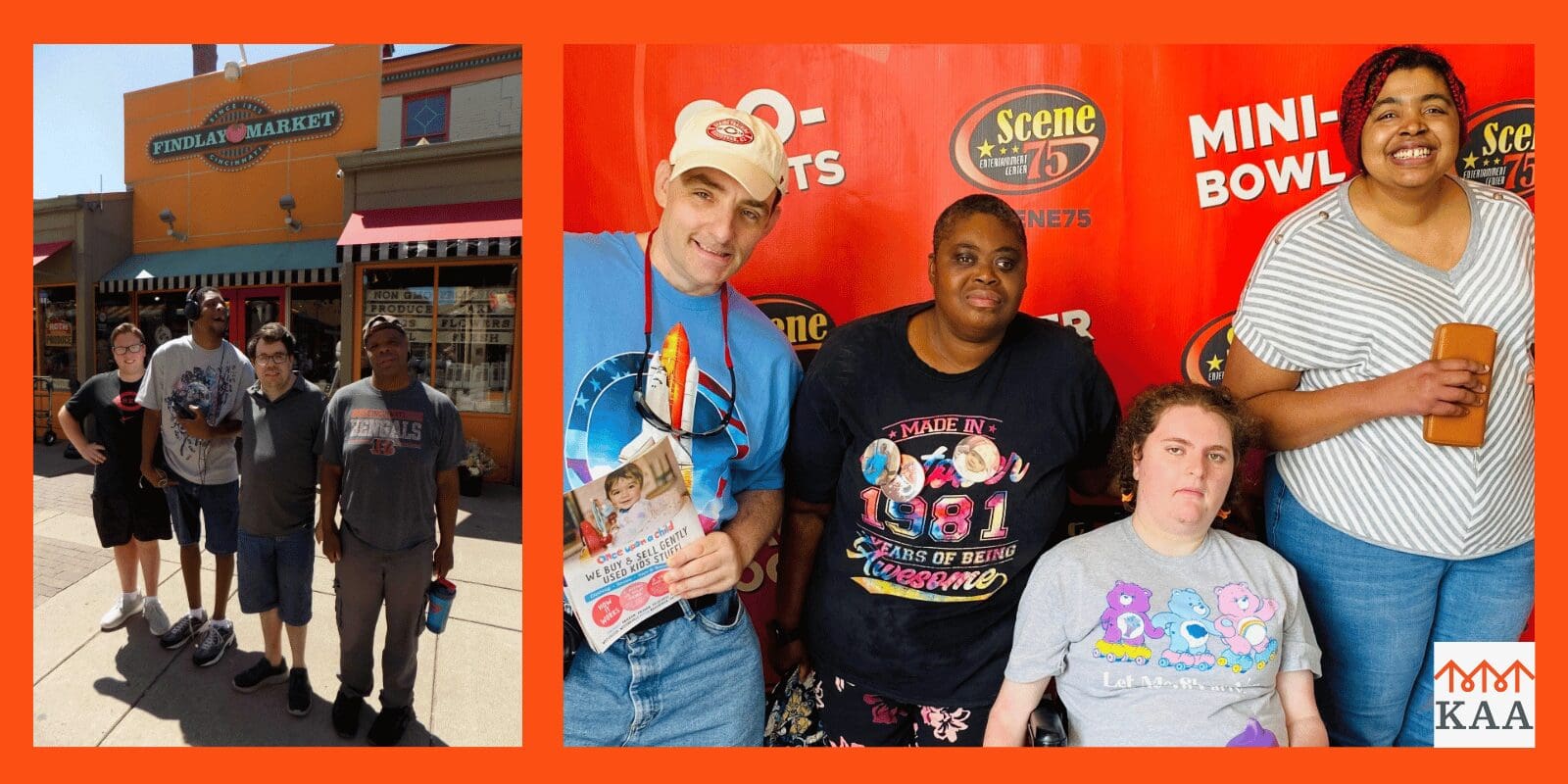 Collage of KAA participants with friends and staff at Findlay Market and playing games at Scene75.